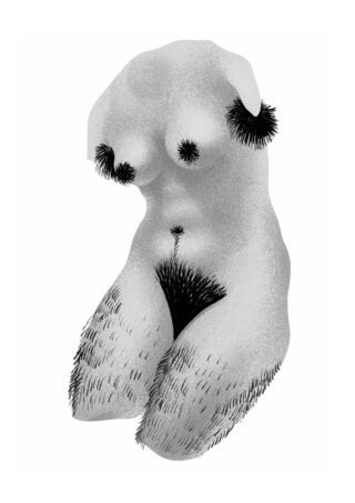 Schwarz-Weiß-Illustration eines knienden nackten weiblichen Torsos mit sichtbarer Körperbehaarung an den Beinen, Achselhöhlen, im Schambereich und an den Brustwarzen.