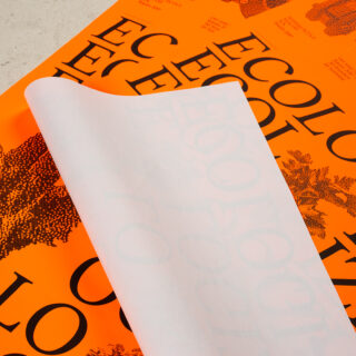 Ein weißes Blatt Papier bedeckt teilweise ein leuchtend orangefarbenes Poster mit der schwarzen Aufschrift „ÖKOLOGIE“ und Bildern von Bäumen.