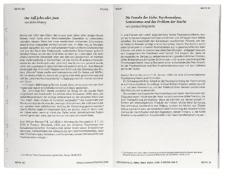 Offenes Buch mit zwei Seiten deutschem Text und den Artikeltiteln „Der Fall John oder Joan“ von John Money und „Die Fessel der Liebe“ von Jessica Benjamin, jeweils mit einer Zusammenfassung und Veröffentlichungsinformationen.