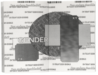 Ein grafisches Design besteht aus überlappenden Formen, dem Wort „GENDER“ und einem sich wiederholenden deutschen und englischen Text mit „Das andere Geschlecht“ und „EIN TOOLKIT GEGEN SEXISMUS“.