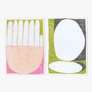 Zwei abstrakte Zeichnungen: Die linke zeigt vertikale ovale Formen über einem rosa und pfirsichfarbenen Halbkreis; die rechte zeigt ein großes weißes Oval über einem kleineren Oval, umrandet mit Grün und Schwarz.