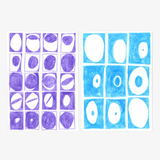 Zwei Raster aus Rechtecken, eines violett und eines blau, jedes mit handgezeichneten Ovalen und Kreisen in unterschiedlichen Positionen und Größen.