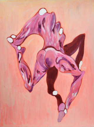 Ein surreales Gemälde zeigt eine abstrakte, verzerrte rosafarbene menschliche Figur mit übertriebenen Muskelformen und weißen Akzenten an den Gelenken vor einem pfirsichfarbenen Hintergrund.