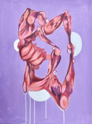 Abstraktes Gemälde von angespannten, muskulösen Armen, die in Form eines Herzens angeordnet sind, vor einem violetten Hintergrund mit weißen kreisförmigen Formen und Tropfen.