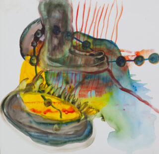 Abstraktes Aquarellgemälde mit fließenden Formen, kräftigen Farben wie Gelb und Grün und überlappenden organischen Formen mit Linien und kreisförmigen Elementen auf weißem Hintergrund.