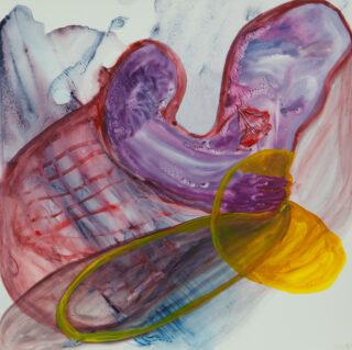 Abstraktes Gemälde mit wirbelnden Strichen in Lila, Rot und Blau, durchschnitten von einer grünen und gelben ovalen Form im Vordergrund.