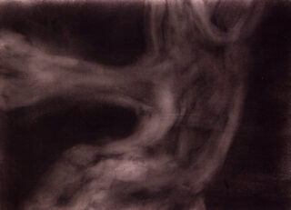 Dunkles, abstraktes Bild mit wirbelnden, rauchigen Mustern und weichen, unscharfen Rändern, wobei verschiedene Schattierungen von Schwarz, Braun und Grau den Rahmen ausfüllen.