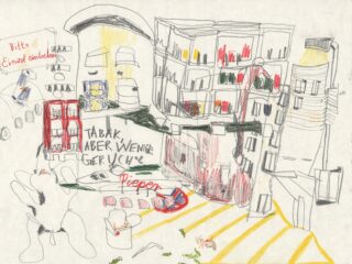 Eine handgezeichnete Stadtlandschaft zeigt bunte Gebäude, ein Schild mit der Aufschrift „TABAK, ABER WENIGER GERUCH“ und verstreute Objekte, darunter einen roten Briefkasten und gelbe Zebrastreifen.