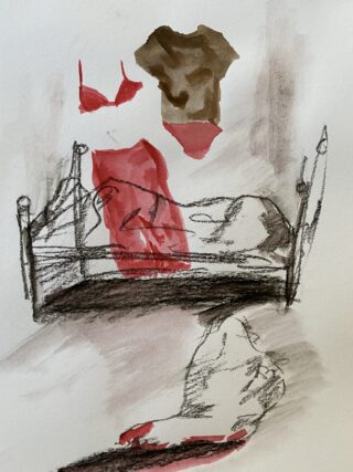 Skizze eines Bettes, auf dem eine teilweise sichtbare Figur liegt. Ein rotes Kleid, ein BH und ein braunes Hemd hängen über dem Bett oder sind daneben drapiert. Schuhe stehen auf dem Boden.