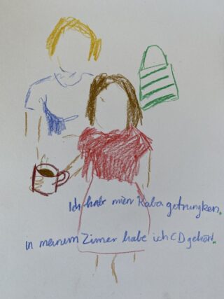 Buntstiftzeichnung von zwei Personen, von denen eine eine Tasse hält, daneben eine gestreifte Tasche. Unter den Figuren befindet sich deutscher handschriftlicher Text.