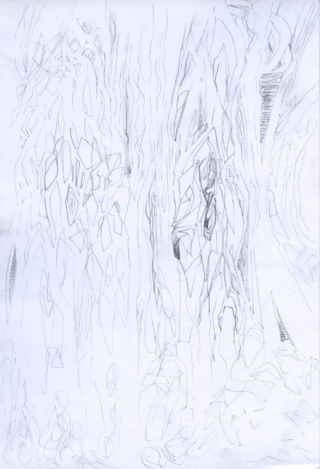 Abstrakte Bleistiftzeichnung mit geometrischen und organischen Linien und Formen mit unterschiedlicher Liniendichte und Schattierung, die ein strukturiertes und vielschichtiges Erscheinungsbild erzeugen.