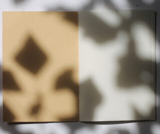 Ein offenes Notizbuch mit einer braunen und einer weißen Seite, auf beiden Seiten fallen Blätterschatten.
