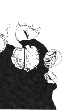 Schwarz-weiße Strichzeichnung, die abstrakte Formen zeigt, die Blütenknospen ähneln und aus einer dunklen, strukturierten Masse in der unteren linken Ecke vor einem weißen Hintergrund hervortreten.