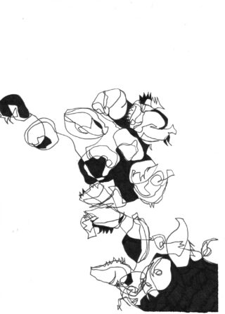 Schwarz-weiße abstrakte Strichzeichnung mit miteinander verbundenen Formen und Bereichen, die mit tiefem Schwarz gefüllt sind und sich hauptsächlich auf die untere linke Ecke konzentrieren.