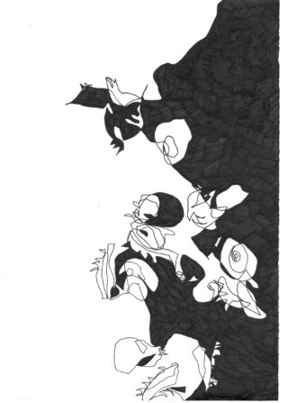 Schwarz-Weiß-Zeichnung verschiedener Frösche, Schnecken und Insekten, die auf einer dunklen, felsigen Oberfläche klettern, die sich vertikal entlang der rechten Seite des Bildes erstreckt.