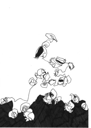 Eine abstrakte Strichzeichnung in Schwarzweiß mit rosenähnlichen Formen, von denen einige unten gruppiert sind und einige über einen dunkel schattierten Bereich hinausragen.