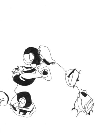 Abstrakte schwarz-weiße Strichzeichnung mit miteinander verbundenen Formen und Kurven, einige davon mit tiefem Schwarz gefüllt, vor einem schlichten weißen Hintergrund.