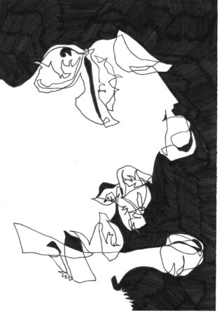 Schwarz-weiße Strichzeichnung abstrakter Rosen und Blätter mit einem durchgehend schwarzen Hintergrund oben rechts.