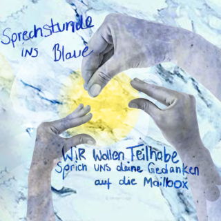 Zwei gestikulierende Hände vor einem abstrakten blau-gelben Hintergrund mit deutschem Text, der die Menschen einlädt, ihre Gedanken per Mailbox mitzuteilen.