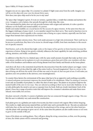 Eine getippte Projektbeschreibung beschreibt einen Raumschiffgarten: Topfpflanzen werden durch Schnüre miteinander verbunden, um zukünftiges Pflanzenwachstum und Verbindungen während einer langen Weltraumreise zu symbolisieren.