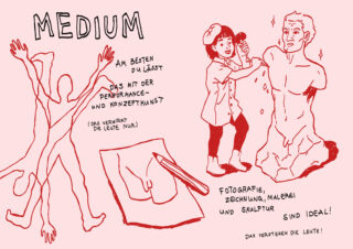 Eine Zeichnung, die die Umrisse menschlicher Figuren, Kunstwerkzeuge und eines Kindes zeigt, das eine Statue formt, mit deutschem Text, der bevorzugte künstlerische Medien wie Fotografie, Zeichnung, Malerei und Bildhauerei bespricht.