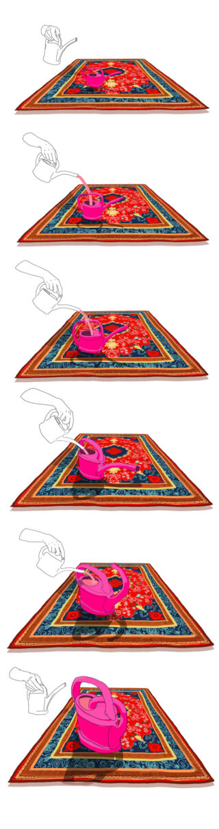 Eine Schritt-für-Schritt-Illustration einer Person, die eine Topfpflanze gießt, aber der Topf hat keinen Boden und Wasser läuft auf einen darunter liegenden dekorativen Teppich.