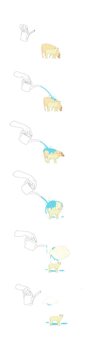 Eine Hand malt ein Schaf schrittweise, indem sie mit einer Kontur beginnt und nach und nach Farbe hinzufügt, bis das Schaf vollständig blau bemalt ist.