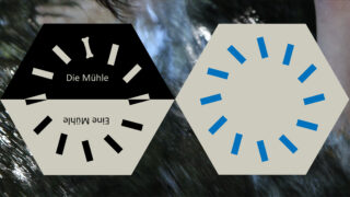 Zwei sechseckige Formen mit radialen schwarzen und blauen Linien, eine mit der Aufschrift „Die Mühle“ und die andere mit „Eine Mühle“, auf einem unscharfen Wasserhintergrund. Der Text ist aufrecht und kopfüber.