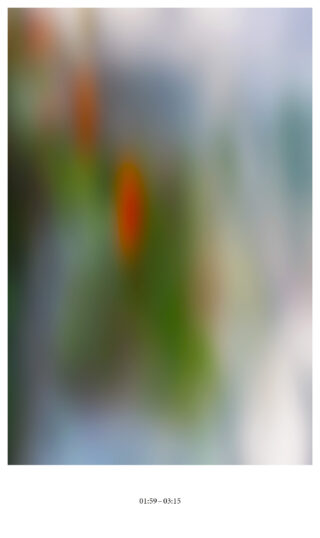 Ein verschwommenes Bild mit undeutlichen Farben, vorwiegend Grün und Orange, und einem weißen Rand mit dem Text „01:59 – 03:15“ am unteren Rand.