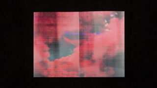 Ein auf zwei Seiten aufgeschlagenes Buch, auf dem vor einem schwarzen Hintergrund ein abstraktes, verschwommenes Bild mit dominanten Rot- und Rosatönen zu sehen ist.