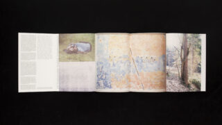 Eine gefaltete, aufgeschlagene Broschüre zeigt links Text, in der Mitte ein Foto einer im Gras liegenden Person, in der Mitte ein strukturiertes abstraktes Bild und rechts eine Waldszene.