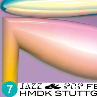 Abstrakte, glänzende, röhrenförmige Formen in Pastellfarben auf lavendelfarbenem Hintergrund mit stilisiertem Text und der Zahl 7 in einem türkisfarbenen Kreis am unteren Rand.