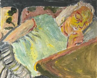 Ein Gemälde einer älteren Person mit weißem Haar, die auf der Seite liegt und ihren Kopf auf einer Hand abstützt, dargestellt mit ausdrucksstarken, strukturierten Pinselstrichen.