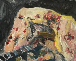 Abstraktes Ölgemälde mit einer liegenden menschlichen Figur, umgeben von wirbelnden, farbenfrohen Pinselstrichen in Gelb-, Schwarz- und Rottönen.