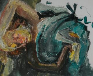 Abstraktes Ölgemälde einer auf der Seite liegenden Person mit gekrümmten Gliedmaßen, mit ausdrucksstarken Pinselstrichen in Blaugrün-, Gelb- und Erdtönen.