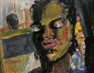 Ein ausdrucksstarkes Ölgemälde einer Person mit dunklem Hautton, markanten Lippen und abstrakten Gesichtszügen, in Nahaufnahme vor unscharfem Hintergrund.