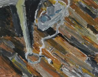 Ein impressionistisches Gemälde eines verhedderten Kopfhörerpaars, das auf einer Holzoberfläche in Braun- und Gelbtönen liegt.