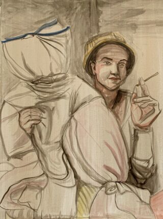 Eine Person mit Hut hält eine Zigarette und sitzt neben einer kopf- und gesichtslosen Figur mit einer blauen Linie über dem Kopf. Das Kunstwerk ist in skizzenhaften, gedämpften Tönen gehalten.