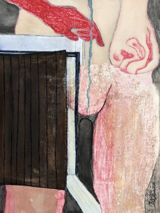 Abstraktes Kunstwerk, das eine rote Hand, eine teilweise freiliegende nackte Figur, blaue Linien, die an Flüssigkeit erinnern, und geometrische Formen in Braun-, Schwarz- und Weißtönen zeigt.