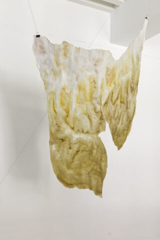 Ein großes, durchscheinendes, unregelmäßig geformtes Blatt in Gelb- und Brauntönen hängt an dünnen Drähten in einem weißen Galerieraum.