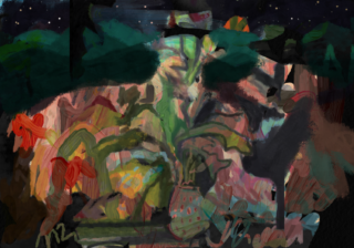 Abstraktes Gemälde mit Pflanzen mit roten Blüten, grünen Blättern und einer gemusterten Vase vor einem dunklen, sternenklaren Nachthimmel und einem farbenfrohen, strukturierten Hintergrund.