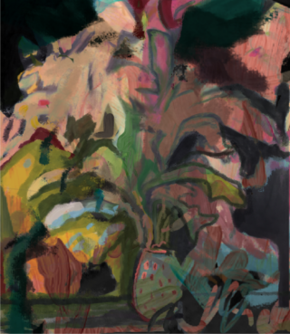 Abstraktes Gemälde mit geschichteten Pinselstrichen, das eine Blumenvase, kräftige Formen und gemischte Farben in Grün-, Rosa-, Gelb- und Brauntönen zeigt.