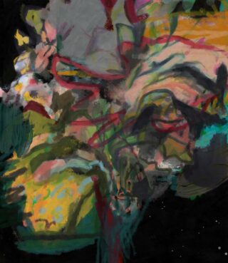 Abstraktes Gemälde mit wirbelnden Pinselstrichen in Grün-, Gelb-, Rot- und Rosatönen vor dunklem Hintergrund, wodurch eine chaotische, organische Komposition entsteht.