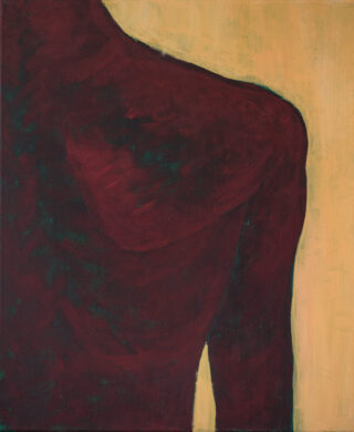 Gemälde des oberen Rückens und der Schulter einer menschlichen Figur in dunklen Rottönen vor einem gedämpften gelben Hintergrund.