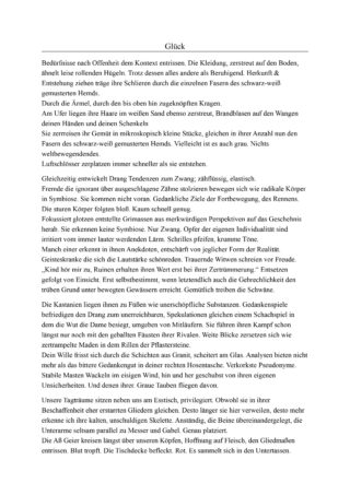Eine Seite mit deutschem Text mit dem Titel „Glück“ enthält mehrere Absätze in Serifenschrift mit gleichmäßigen Zeilenabständen und Blocksatz auf einem schlichten weißen Hintergrund.