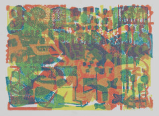 Abstraktes Kunstwerk mit überlappenden Formen und Mustern in Rot, Grün, Blau und Gelb, die eine dichte und farbenfrohe Komposition auf weißem Hintergrund bilden.