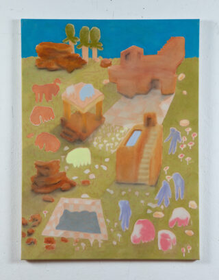 Ein Gemälde zeigt abstrakte Ruinen und architektonische Formen in einer Graslandschaft, über die pastellfarbene Tier- und Menschensilhouetten verstreut sind.