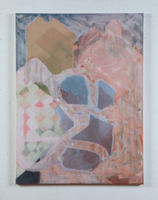 Abstraktes Gemälde mit geometrischen und organischen Formen in gedämpften Rosa-, Blau-, Grün- und Beigetönen auf einer strukturierten Leinwand.