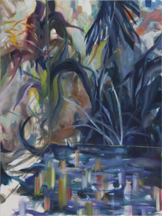 Abstraktes Gemälde einer üppigen, farbenfrohen und verschwommenen Dschungelszene mit großen blauen Blättern und Spiegelungen in einem Wasserbecken im Vordergrund.