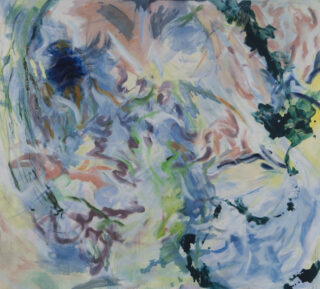 Abstraktes Gemälde mit wirbelnden, geschichteten Pinselstrichen in Blau-, Grün- und gedämpften Erdtönen, wodurch eine dynamische, strukturierte Komposition ohne ausgeprägte Formen oder Figuren entsteht.